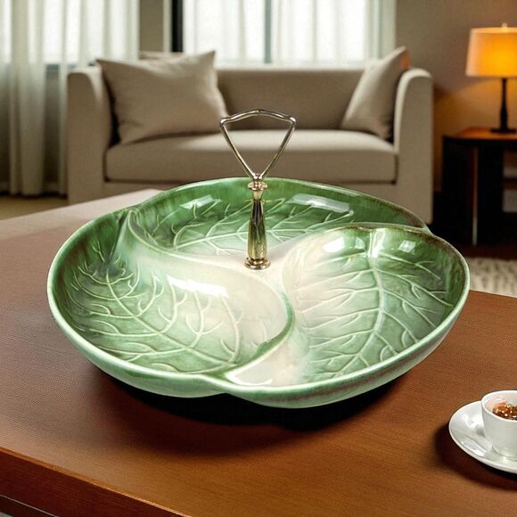 Vintage Royal Haeger Leaf Serving Tray: Green Ceramic, Gold Handle - Picture 1 of 7